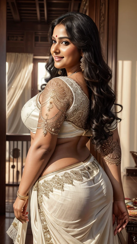 ravishing sexy curvy chubby tall Plus size bbw supermodel Indian 40 years old fat Marriage Woman as elegant white saree 8k, real photo pose, wearing ethereal black lehenga and blouse, navel, with embroidered angel wings, intricate henna tattoos,, (ravishing long wavy backlit hair), (enchanting daylight:1.2), (intricate kohl lined eyes:1.3), (adorable smile:1.3) soft dramatic lighting, beach background everywhere, backlit, light rays, highly detailed, trending on artstation, paint splashes, rich colour, fantasy portrait, by atey ghailan & Annie Leibovitz