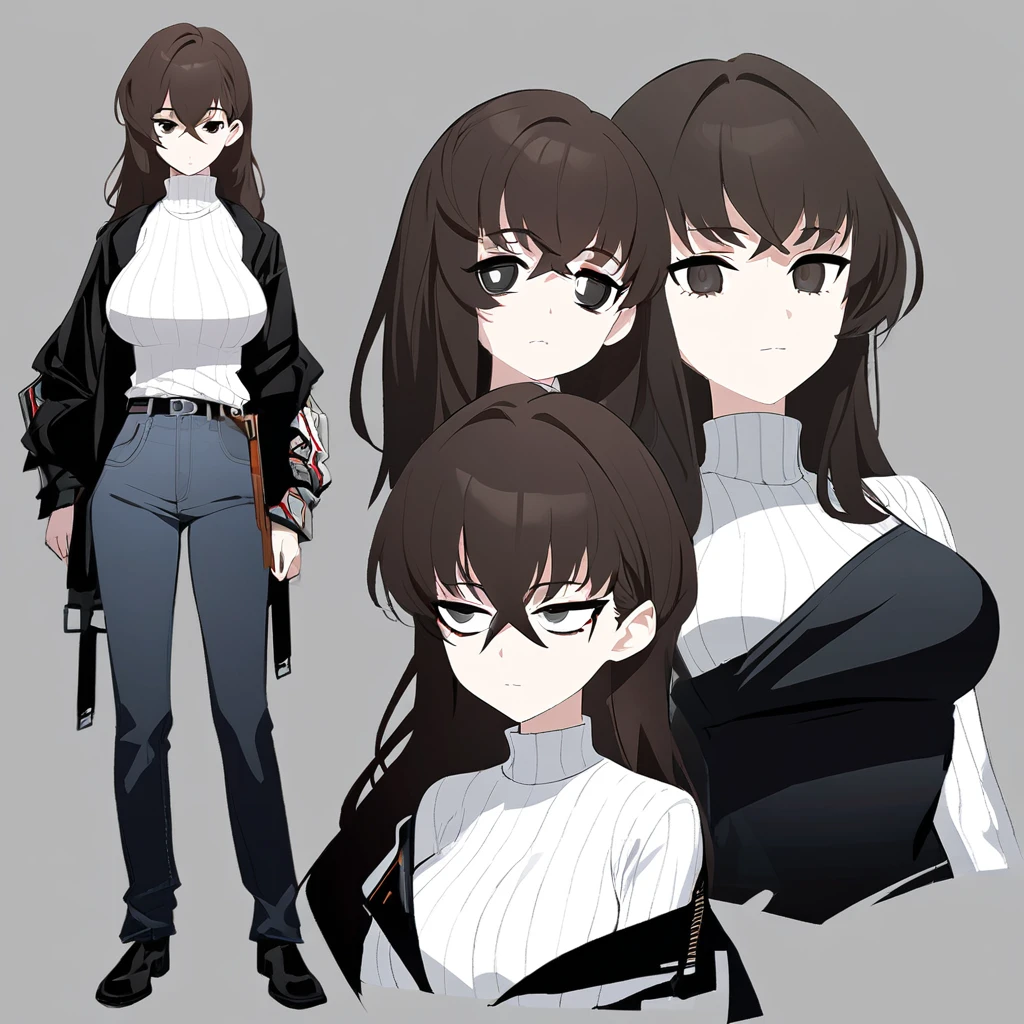 One Woman,Downer,older sister,Concept Art,Dark brown hair,Straight hair with slight inward curls,Staring eyes,Eye Ridge,black eye,Crossed bangs,whole body,smile,Larger breasts,Gray background,Bangs that reach down to the eyes,Messy hair,Perfect dark jeans,White turtleneck sweater,Multiple views of the same character,Character Design,Dark circles under the eyes,Bad look,Listless,Sloppy,accessories,Arknights Wind,Cafe staff,Holding a cigarette,whole bodyCharacter Design,