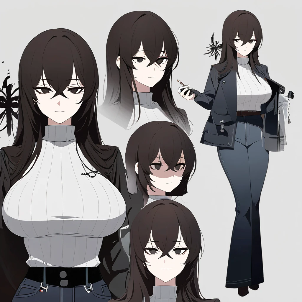 One Woman,Downer,older sister,Concept Art,Dark brown hair,Straight hair with slight inward curls,Staring eyes,Eye Ridge,black eye,Crossed bangs,whole body,smile,Larger breasts,Gray background,Bangs that reach down to the eyes,Messy hair,Perfect dark jeans,White turtleneck sweater,Multiple views of the same character,Character Design,Dark circles under the eyes,Bad look,Listless,Sloppy,accessories,Arknights Wind,Cafe staff,Holding a cigarette,whole bodyCharacter Design,