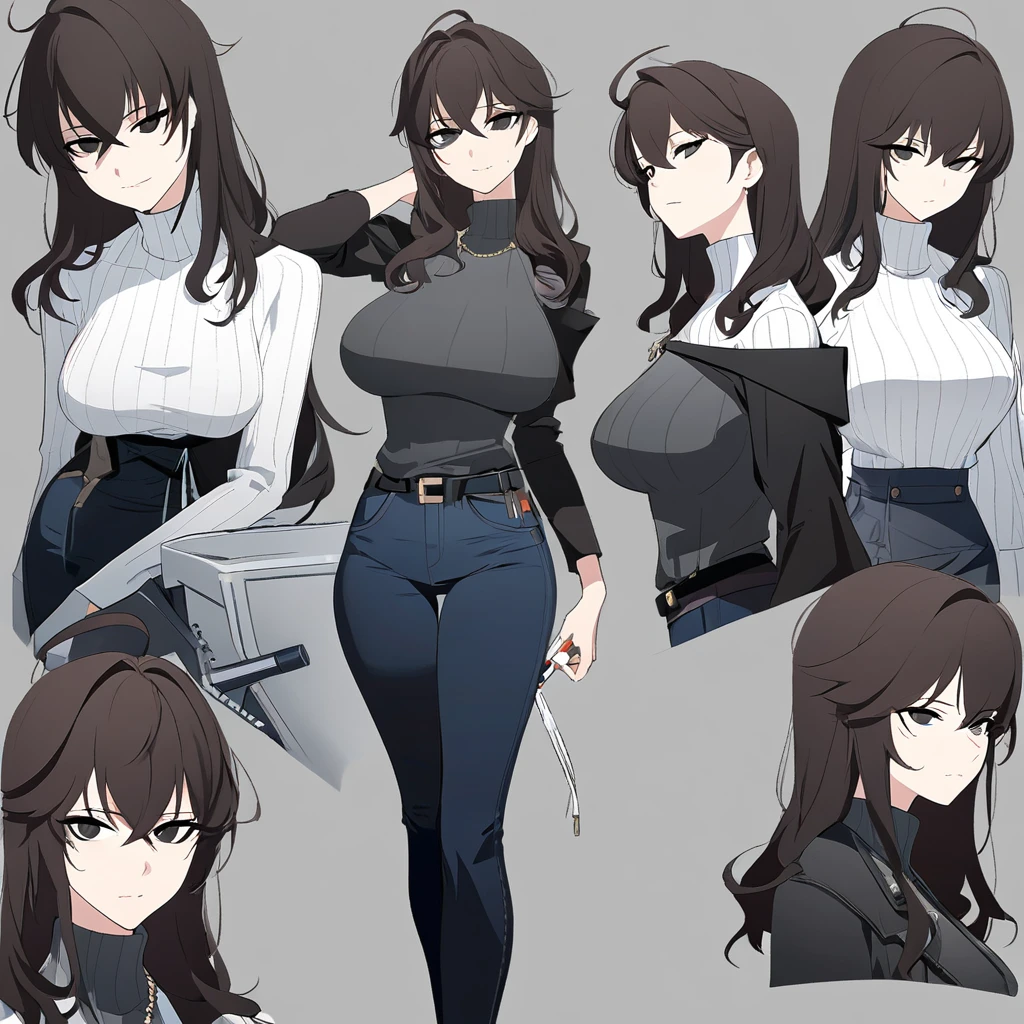One Woman,Downer,older sister,Concept Art,Dark brown hair,Straight hair with slight inward curls,Staring eyes,Eye Ridge,black eye,Crossed bangs,whole body,smile,Larger breasts,Gray background,Bangs that reach down to the eyes,Messy hair,Perfect dark jeans,White turtleneck sweater,Multiple views of the same character,Character Design,Dark circles under the eyes,Bad look,Listless,Sloppy,accessories,Arknights Wind,Cafe staff,Holding a cigarette,whole bodyCharacter Design,