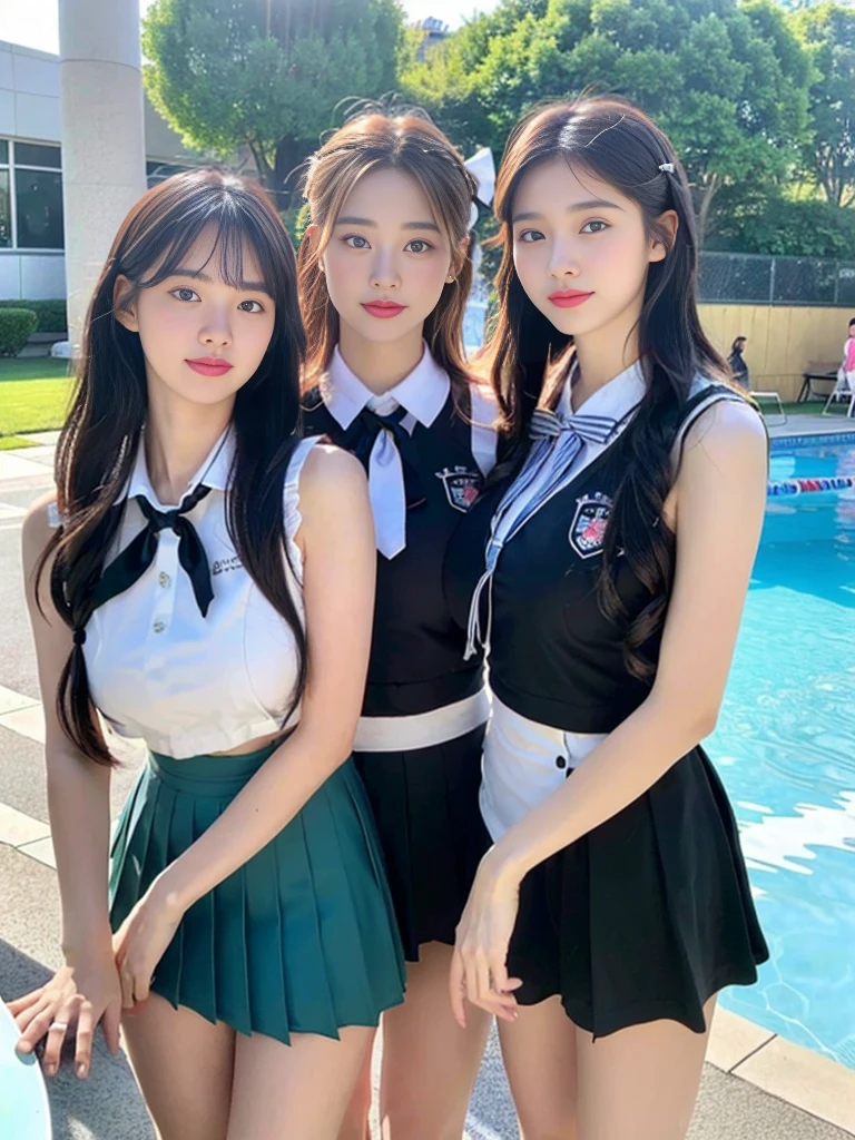 (A super cute Korean gal high school girl takes a photo with two close friends from her class..2)(To laugh out loud:1.2)(Beautiful Sweat:1.1)(16k, RAW Photos, highest quality, masterpiece: 1.2),(Mr.々Beautiful blonde with a stylish hairstyle:1.2) Super detailed, Super Resolution, (Genuine, Genuine photos: 1.37), Portraiture, High-resolution RAW color photos, Professional photos, Very detailed, 8k wallpaper, Very detailed CG Unity 8k wallpaper, Very detailed beautiful girls, Very detailed faces, ((whole body)), beautiful woman, Huge breasts,(huge boobs:1.1) (Big Boobs:1.1), Beauty college student (A tight, girly sleeveless  with ribbons),high school girl, Korean Girls,(K-POP Female Idols), (Idol-class beauty)(Beautiful high school girl:1.1)(School swimming pool)(18-year-old)(Stylish school uniform-style outfit for summer:1.1)(Group photo:1.2)(Splash:1.1)