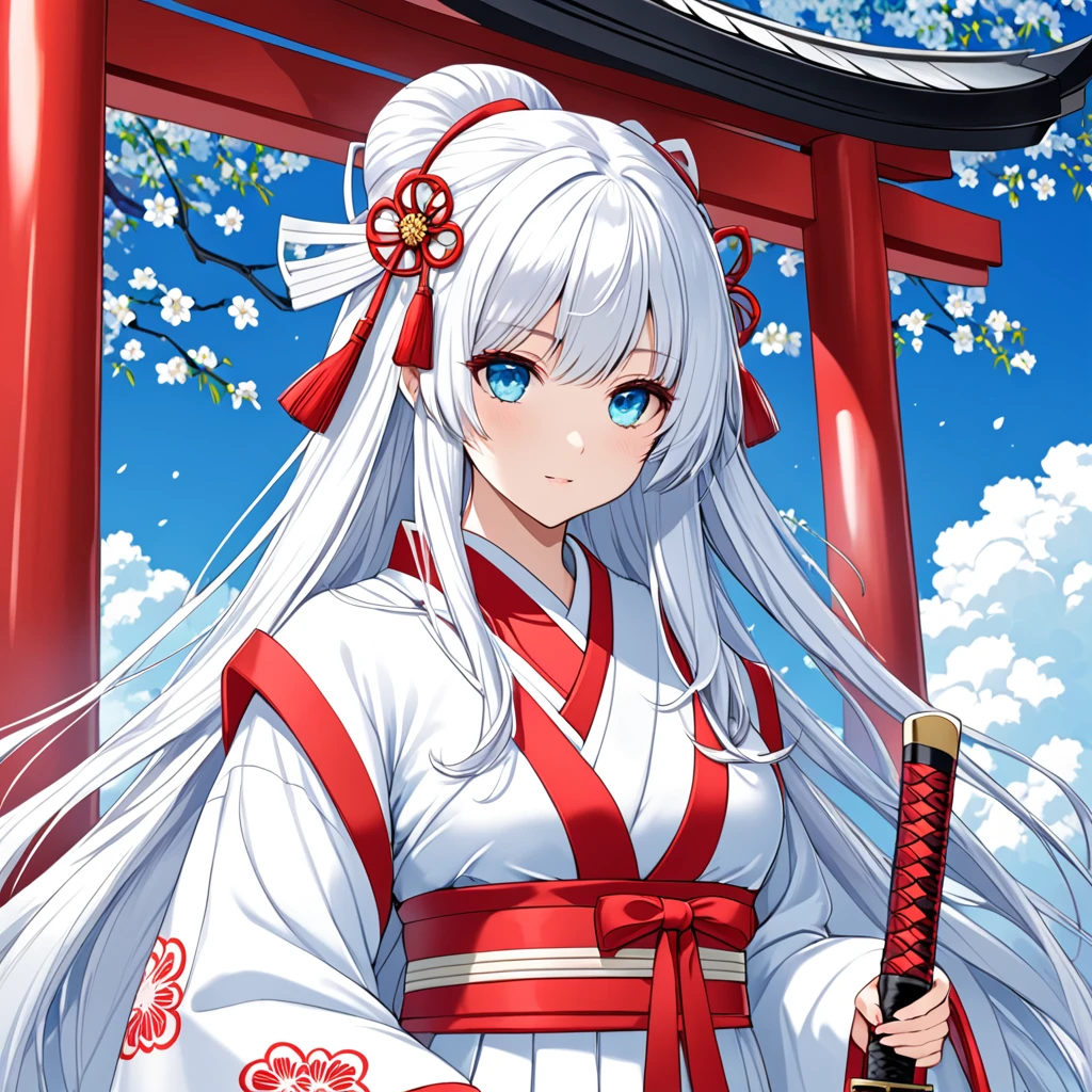 White fluffy hair、Blue Tree Eyes、She is wearing a shrine maiden costume and holding a Japanese sword。
