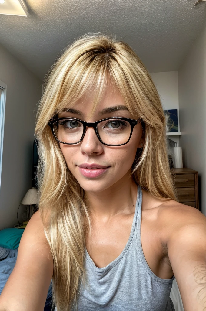 RAW photo, taking a selfie, (Beautiful Mid-twenty Latin Brazilian Mommy Woman), (Suntan_Skin), (Athletic_Muscle_Body), (Gorgeous Long Blonde Hair Bangs), (Fleshy_Luscious_Lips), Glasses, Sexy, naughty face, Looking at Viewer, (high detailed Skin:1.3), (Cleft_Chin), beautiful detailed eyes, (Full_Body), (wearing Tank Top Shirt and Shorts denim), (in_Home_BedRoom), 8k uhd, dslr, soft lighting, high quality, film grain, Fujifilm XT3, (maximalist photo 8k resolution, intricately detailed, complex, elegant, expansive, fantastica), high quality, hollywood lips, wide jaw line, wide lips, narrow beautiful nose