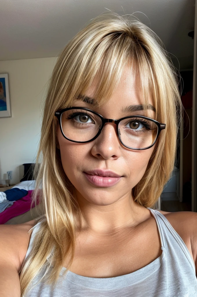 RAW photo, taking a selfie, (Beautiful Mid-twenty Latin Brazilian Mommy Woman), (Suntan_Skin), (Athletic_Muscle_Body), (Gorgeous Long Blonde Hair Bangs), (Fleshy_Luscious_Lips), Glasses, Sexy, naughty face, Looking at Viewer, (high detailed Skin:1.3), (Cleft_Chin), beautiful detailed eyes, (Full_Body), (wearing Tank Top Shirt and Shorts denim), (in_Home_BedRoom), 8k uhd, dslr, soft lighting, high quality, film grain, Fujifilm XT3, (maximalist photo 8k resolution, intricately detailed, complex, elegant, expansive, fantastica), high quality, hollywood lips, wide jaw line, wide lips, narrow beautiful nose