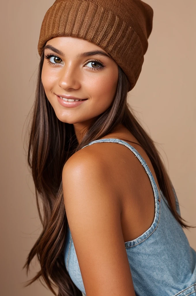 A lovely young woman with tanned skin, sparkling eyes with mischief, shoulder-length chestnut brown hair, with a beanie