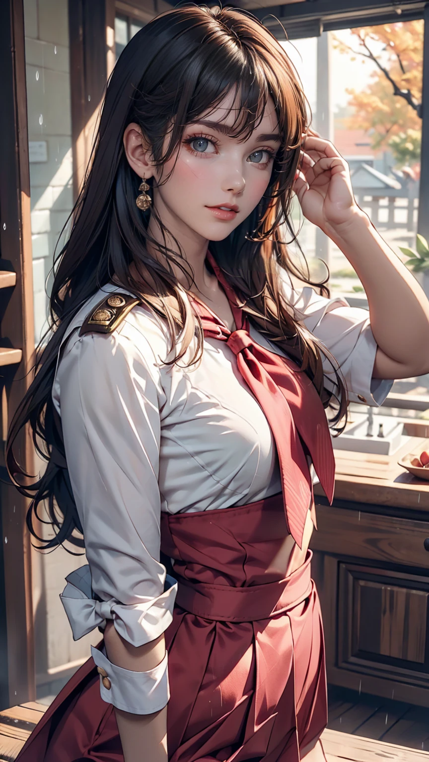 There is a beautiful woman. She is a stunning beauty, half French and half Japanese. Her face is incredibly beautiful, with beautiful blue eyes and beautiful straight long hair, which is bright blonde. Her facial expression is like she is angry, frowning and puffing her cheeks. Please dress her in a Japanese high , a sailor suit. The top is a white blouse, and the skirt is a gray sailor suit. The composition is a close-up from the chest up only. The beautiful woman is facing straight ahead, very angry, and seems to be complaining towards us. As for the story, the beautiful woman is in a situation where she is having a verbal fight. The background is a school classroom. Please express this.