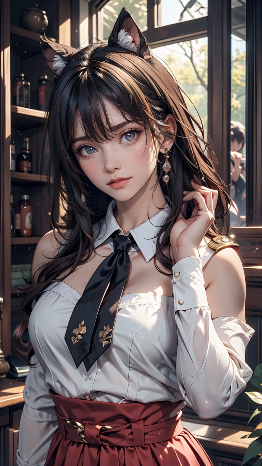 Florence Nightingale, (Ballet Costumes), Sitting in a chair, Smiling for the camera, White formal shirt, Loose collar button, Swollen nipples, Long, loose hair, (Delicate illustrations: 1.4), (Renaissance art: 1.4), (Ultra-high resolution: 1.2), (Photorealism: 1.4), (8k, RAW Photos: 1.2), (Soft Focus: 1.4), ( 18-year-old: 1.3), (Sharp focus: 1.4), Beautiful face with attention to detail, Pure rose face_v1