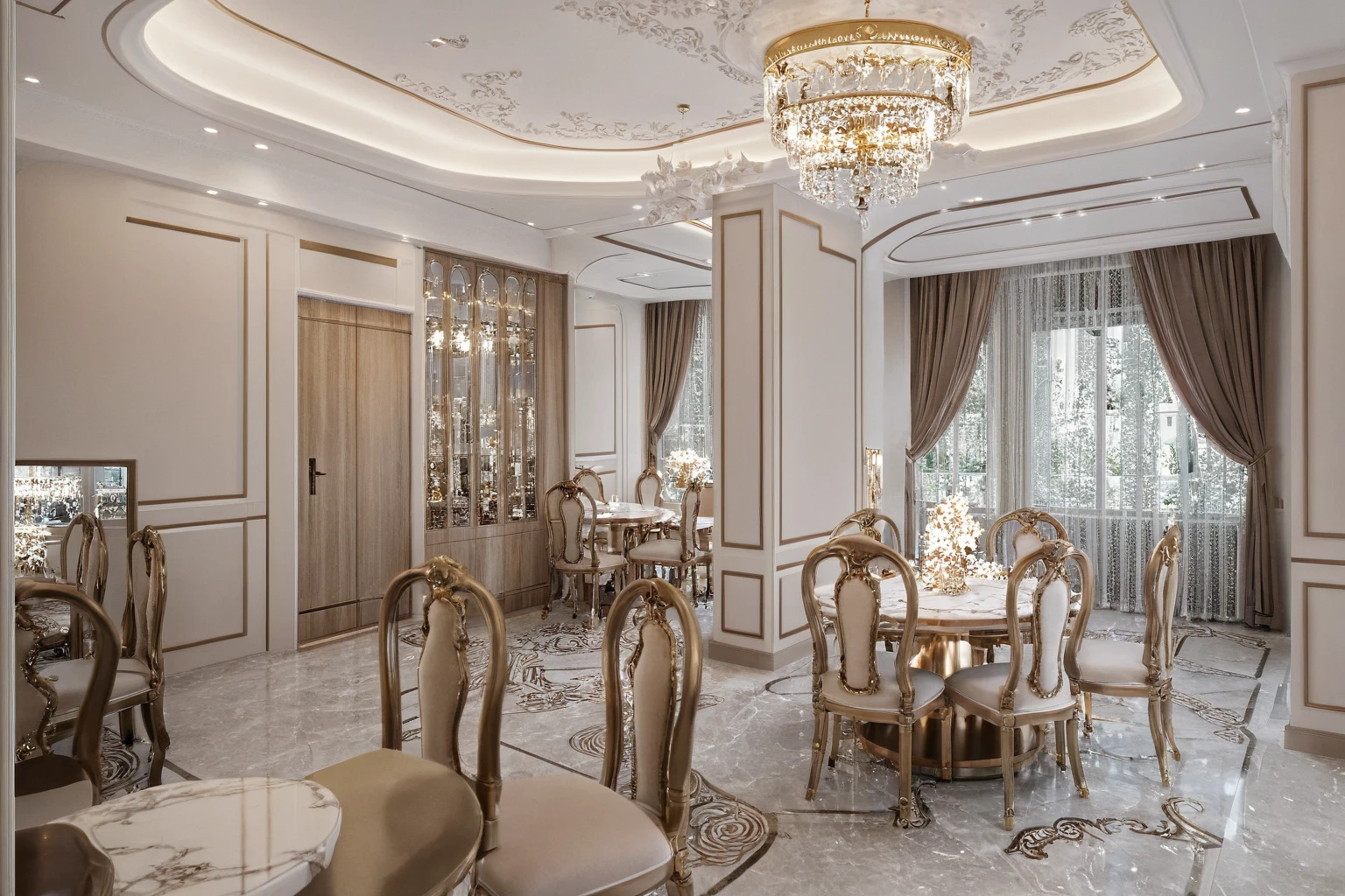 ，Masterpiece, Best quality，8K, Ultra-high resolution，When you step into the dining room and kitchen，Immediately surrounded by a rich atmosphere of luxury。Ornate crystal chandeliers hang high on the wall，Shine brightly。The sofa was covered with a soft white fluffy blanket，It is so comfortable，So much so that you can't help but indulge in it。In the corner of the dining room is a delicate coffee table，Embellished with precious porcelain and champagne gold ornaments。Whenever it is late afternoon，The afterglow from the window spilled on the floor，Soft light and shadow are reflected，It was as if entering a dreamland。