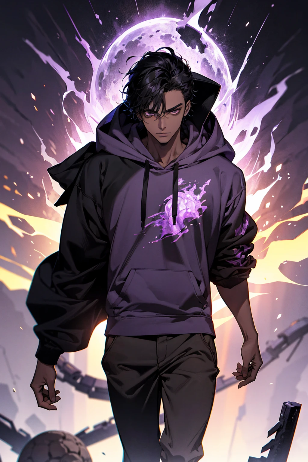 male with bones, looking away from camera, skulls, bones, handsome, black, dark skin, tall, broad shoulders, black hair, purple, purple fire, magic, detailed face, fantasy, hoodie