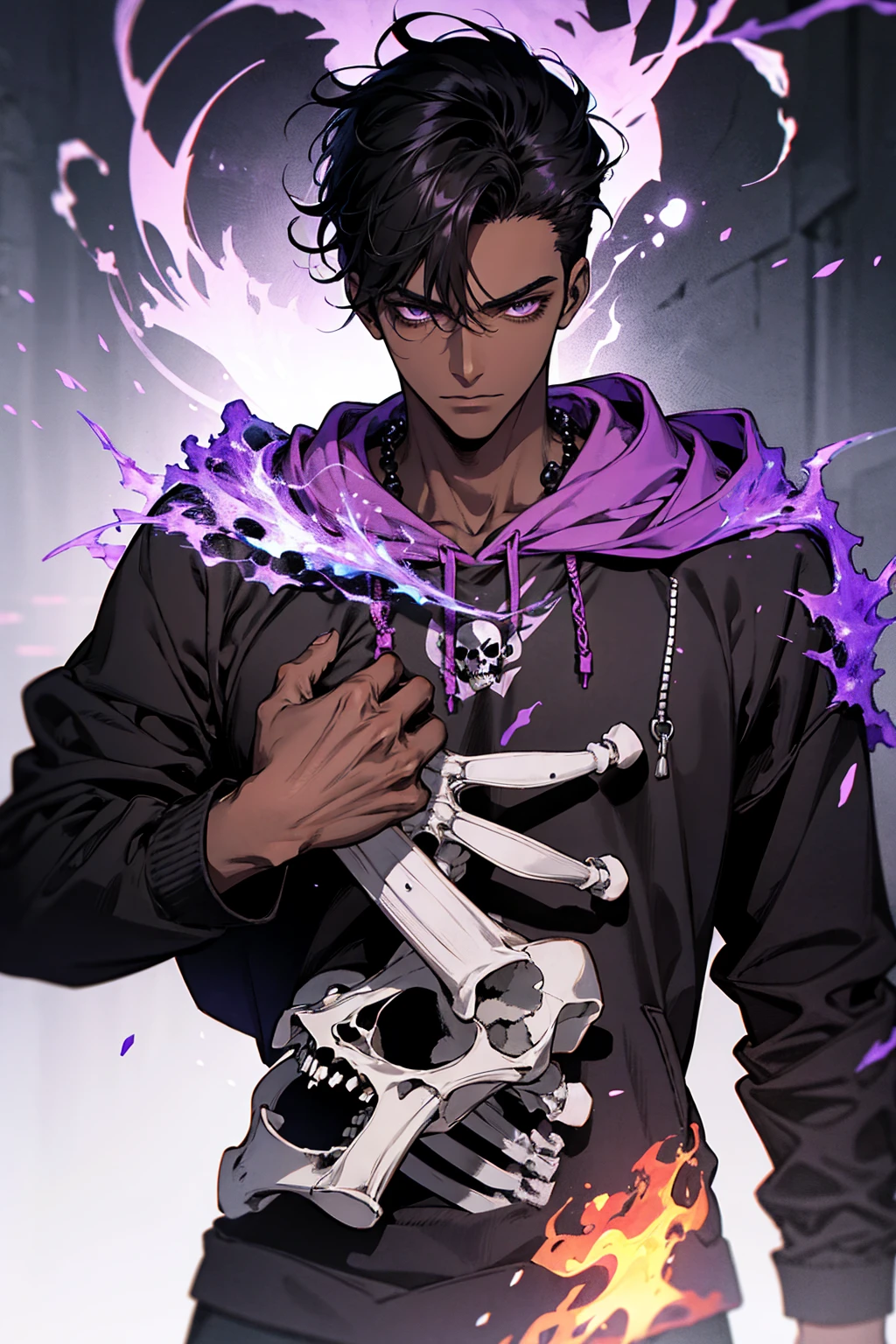 male with bones, looking away from camera, skulls, bones, handsome, black, dark skin, tall, broad shoulders, black hair, purple, purple fire, magic, detailed face, fantasy, hoodie
