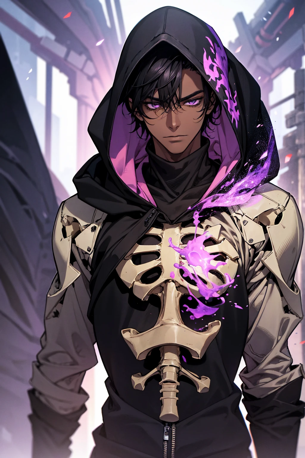 male with bones, looking away from camera, skulls, bones, handsome, black, dark skin, tall, broad shoulders, black hair, purple, purple fire, magic, detailed face, fantasy, hoodie