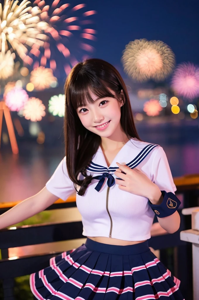 Image resolution 8K、masterpiece:1.3、cute、1 girl、(魅力的なBody Type:1.2)、abdomen:1.1、Dark brown hairstyle:1.1、(Body Type:1)、Ultra-detailed face、Attractive lips、double eyelid、Ultra-realistic and detailed Japanese school girl in a white short-sleeved zippered sailor suit and pink skirt、日本人のcute女の子、10th Generation、　(18-year-old)、Night view and large fireworks in the background、Breast Size: 82cm、Smiling with a nice smile、color々Hair style、Hair blowing in the wind、Beautiful breasts、The belly button is visible、