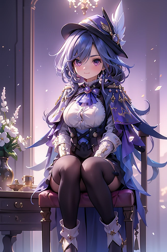front、whole body、Looking down、Cross your arms、Fearless smile、clorinde \(genshin impact\),1girl,solo,purple eyes,hat feather,tricorne,white gloves,low ponytail,blue cape,blue hair,epaulettes,black pantyhose,ascot,breasts,black skirt,corset,blue headwear,boots,leg garter,black corset,shirt,earrings,high heels,Sit in a chair in the office、Luxurious Western-style interior