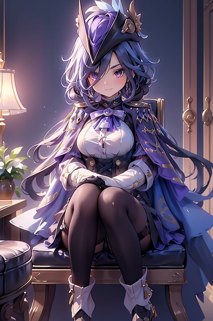 front、whole body、Looking down、Cross your arms、Fearless smile、clorinde \(genshin impact\),1girl,solo,purple eyes,hat feather,tricorne,white gloves,low ponytail,blue cape,blue hair,epaulettes,black pantyhose,ascot,breasts,black skirt,corset,blue headwear,boots,leg garter,black corset,shirt,earrings,high heels,Sit in a chair in the office、Luxurious Western-style interior