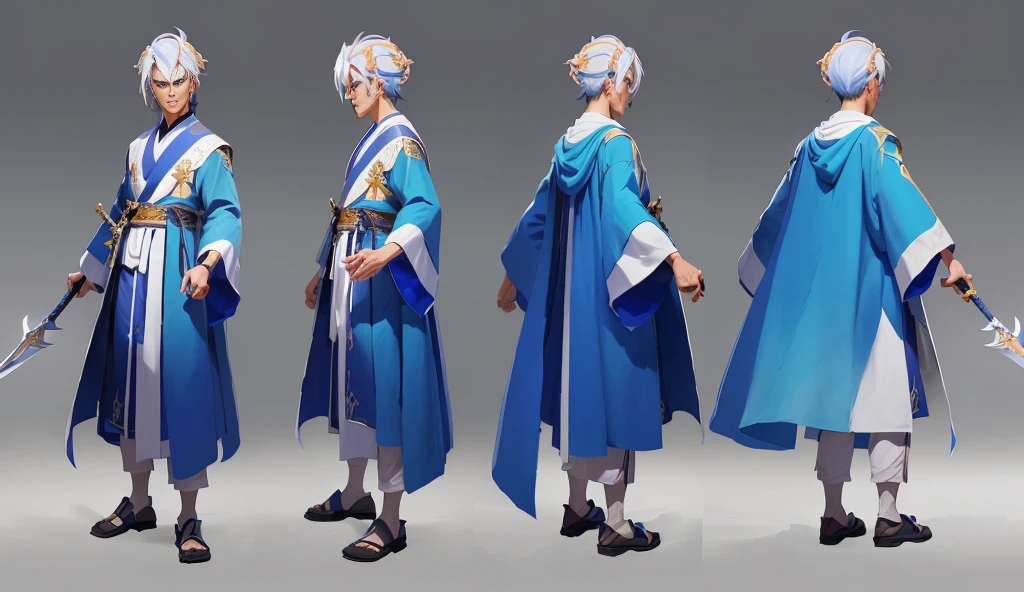 Wearing a blue robe、Close-up of a man holding a sword, inspired Created by senior character artists, concept art of a monk, ( ( character concept art ) ), anime role conception, Created by senior character artists, high quality role conception, 8k character concept art, 8 k character concept art, [ role conception ], To this + concept art, interesting role conception，Facial Expressions，multi-angle