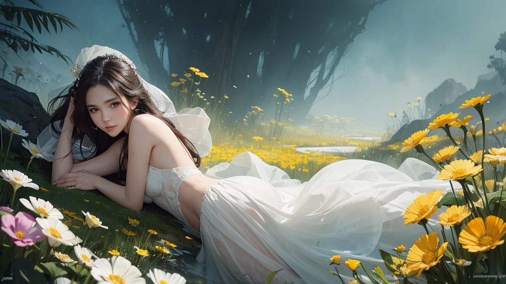 32k, Masterpiece, highest quality, One girl, Detailed eyes, flower,Sandersonia, Yellow and white style,A dreamy, romantic piece,Pale orange, Mysterious Leaves,A playful arrangement,Fantasy,High Contrast,Ink strokes,explosion,Exposure, Impression of yellow and white tones,Abstract,((Watercolours by John Berkey and Jeremy Mann )) Brush strokes,Negative Space, Tyndall effect,