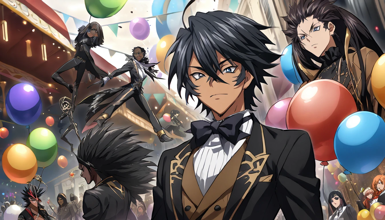 un hombre anime elegante, pelo negro, gabardina negra, globos negros, muchos globos