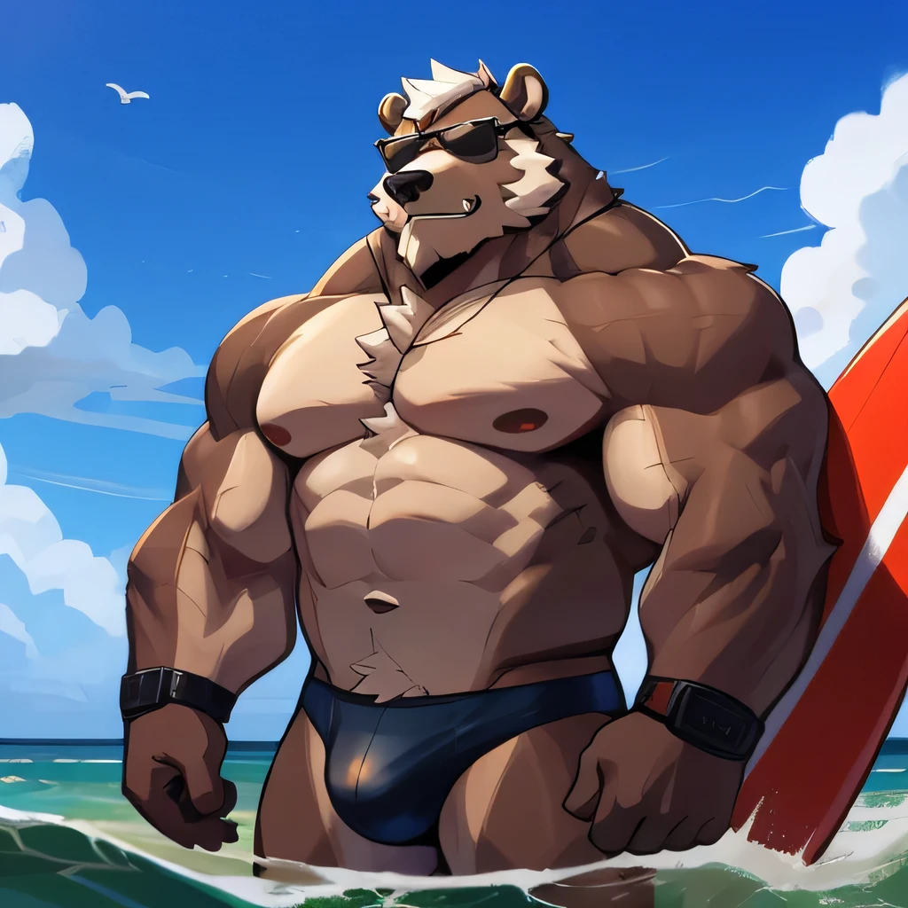solo, 1boy, Huge Muscular Old Grizzly Bear wearing sunglasses, pectoral, huge pectoral, wide pectoral, short white hair, black competitive briefs short black wristbands and shirtless topless, bearded, Moustache, surf board, background, masterpiece, high detailed, 8k, high resolution, at the ocean, surfing the waves, riding on a surfboard, catching the waves