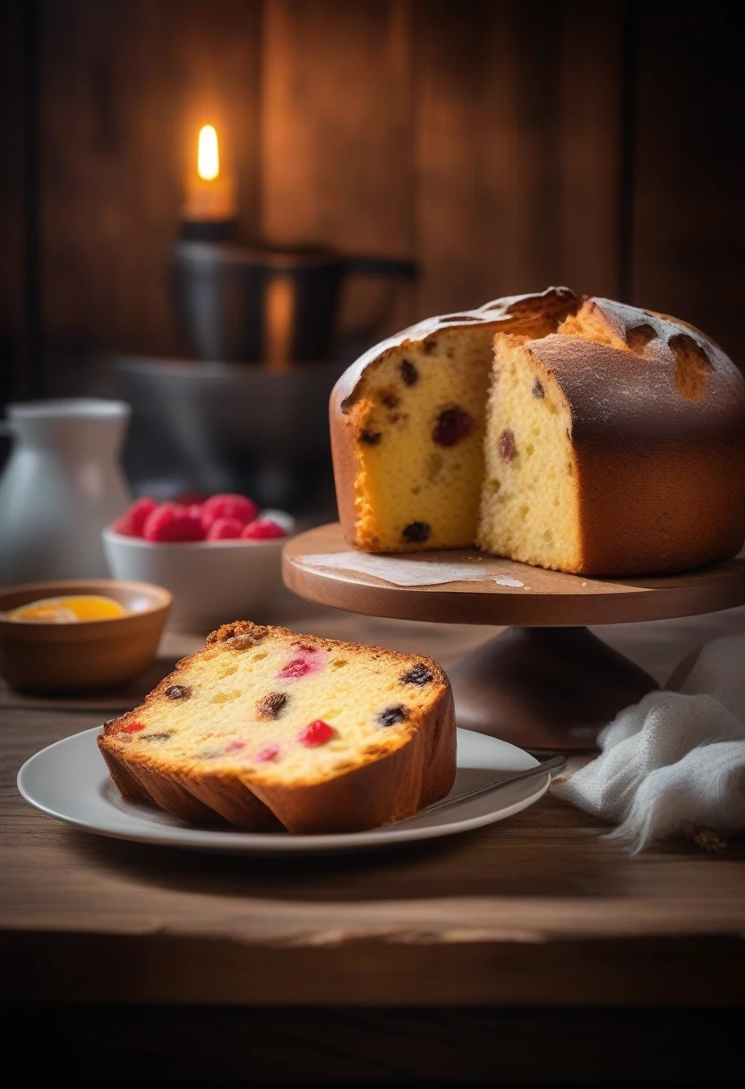 juicy Milanese panettone, one slice cut, smoke coming out on a beautiful rustic wooden table with a delicious ultra detailed breakfast, Real Photo, promotional photo, hdr, adobe lightroom