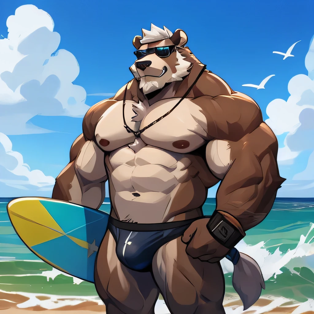 solo, 1boy, Huge Muscular Old Grizzly Bear wearing sunglasses, pectoral, huge pectoral, wide pectoral, short white hair, black competitive briefs short black wristbands and shirtless topless, bearded, Moustache, surf board, background, masterpiece, high detailed, 8k, high resolution, at the ocean, surfing the waves, riding on a surfboard, catching the waves 