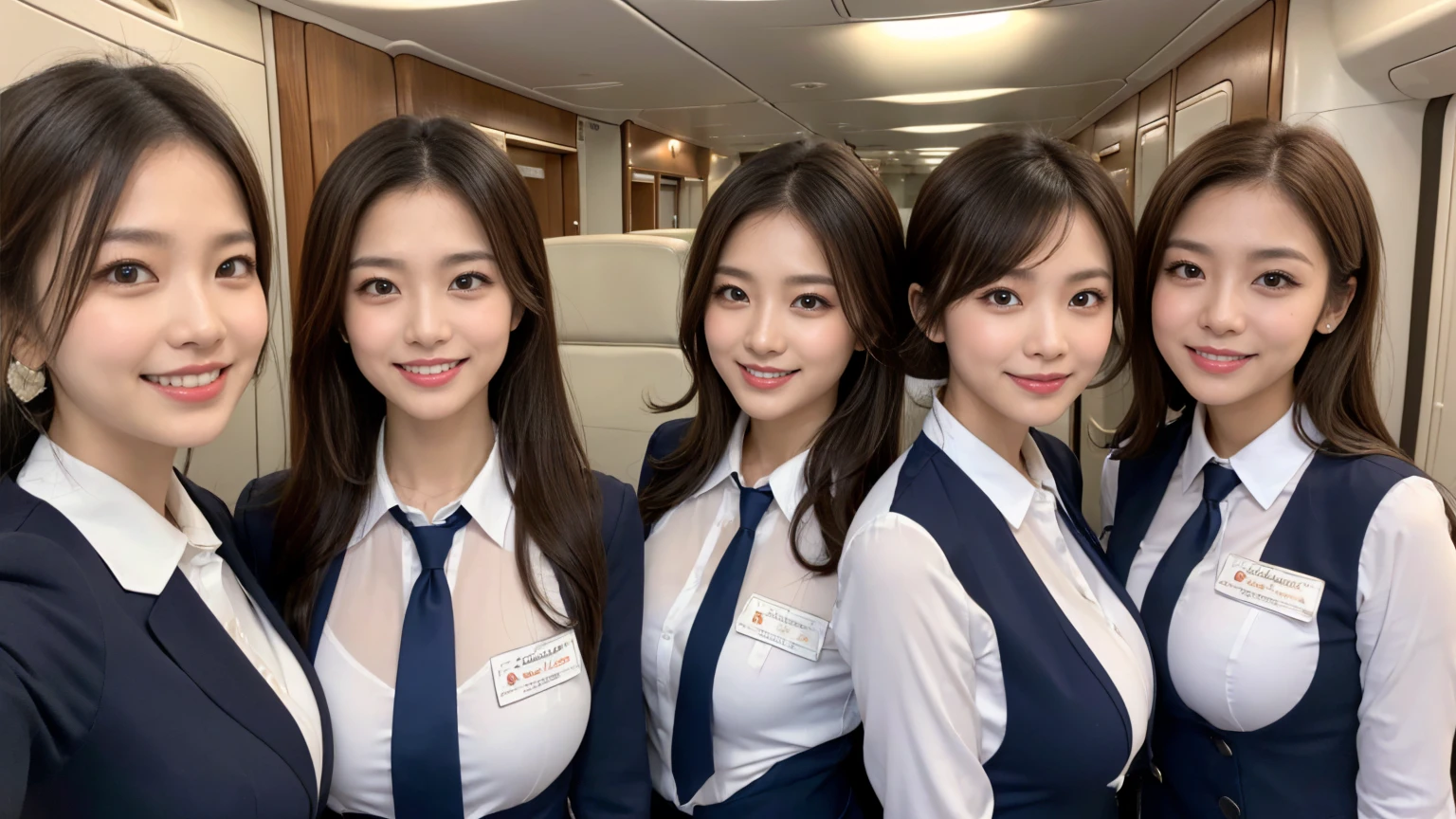 (Highest quality、32K、masterpiece:1.3)、(Beautiful woman:1.2)、(5 girls:1.3)、(Full body photo:1.3)、(Big Tits、f cup breasts、Attractive body:1.2)、(Cabin attendant:1.3、stewardess）、uniform、plane、28 years old、Dark brown hair:1.1、ponytail、Highly detailed face、Lips Detail、Detailed Eyes、double eyelid、With skinny friends、Laughter、Happy smile、Bright photo、