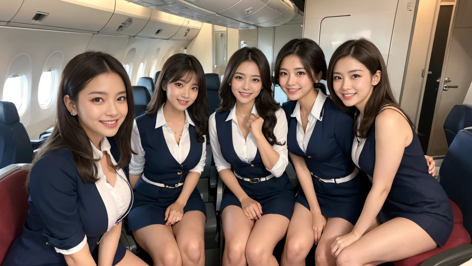 (highest quality、32K、masterpiece:1.3)、(Beautiful woman:1.2)、(5 girls:1.3)、(Full body photo:1.3)、(Big Tits、f cup breasts、Attractive body:1.2)、(Cabin attendant:1.3、stewardess）、uniform、plane、28 years old、Dark brown hair:1.1、ponytail、Highly detailed face、Lips Detail、Detailed Eyes、double eyelid、With skinny friends、Laughter、Happy smile、Bright photo、