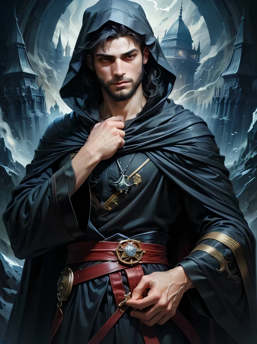 ((masterpiece、highest quality、Very detailed、High resolution、Realistic、Sharp focus))、Bust Shot、Focus on the chest up、Handsome young male wizard wearing a charming hood、(Black Hair、A calm face、Sharp Eye)、beard、Dark atmosphere、View your audience、Detailed depiction of the hand、Dynamic Action、oil painting