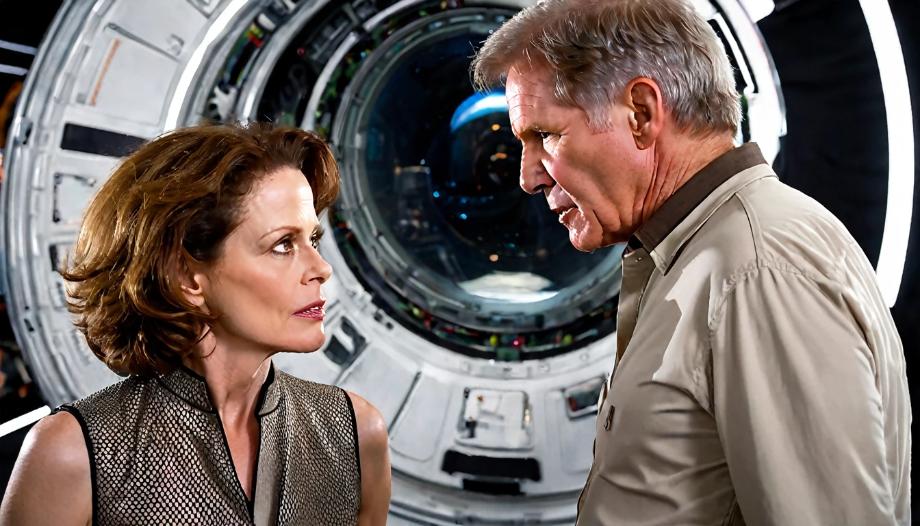 Sigourney Weaver, talking to Harrison Ford, futuristic image highly detailed image, sharp focus, studio photography, xf iq 4, 1 5 0 0 0 0 mp, 5 0 mm, iso 2 0 0, 1/1 6 0 s, realistic, natural light, octane rendering, adobe lightroom, thirds resolution, symmetrical balance, depth layers, polarizing filter, ..., hd, color optics, ..., hd, opaque color, masterpiece