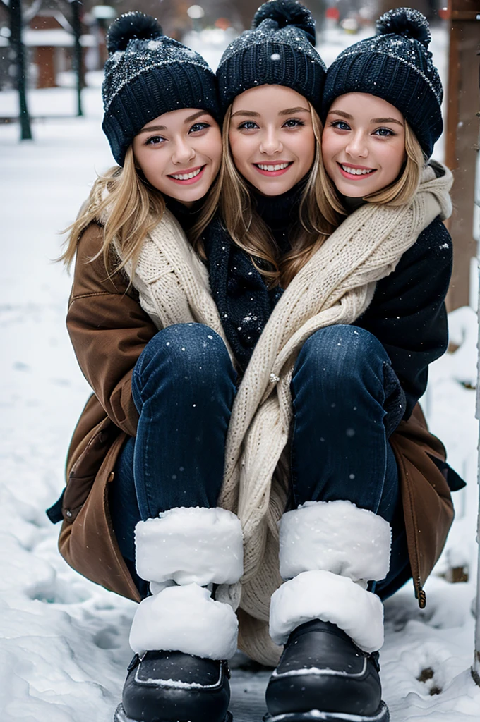 2heads, closeup of a young woman with three heads, age 22, blonde, winter hat, winter clothes, warm leggings, snow boots, outside on a snowy winter day,