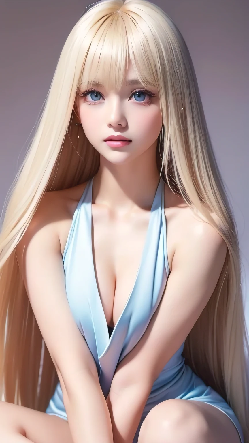 White shiny skin、Blonde hair color that changes with light、Long bangs obstruct the view、Glossy highlight on cheeks、The most beautiful face in the world、Super long gorgeous blonde hair、Smooth straight hair、Ample Bust、Large, sparkling, light blue eyes、Beautiful bangs、Beautiful cute girl 、Round face、Small Face Beauty、Cheek highlighter