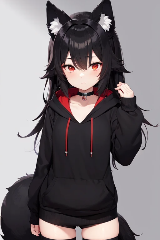 masterpiece, best quality, anime, ((girl)), cute, Black Hoodie, front view, ((Red eyes)), ((Black Really Fluffy Wolf tail and ears)), Cute expression, Black Sport-Shorts with Thigh Highs.