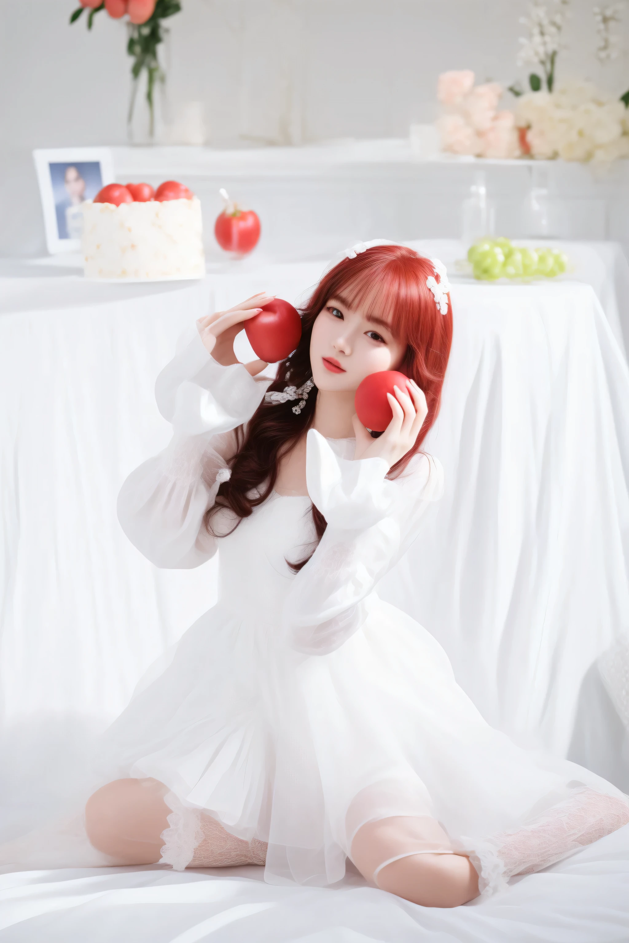 there is a woman in a white dress holding an apple, lalisa manobal, ulzzang, red velvet, with apple, milky white skin, official artwork, jinyoung shin, captured on canon eos r 6, jia, fanart, tzuyu from twice, shot with canon eoa 6 d mark ii, portrait shot, photoshoot