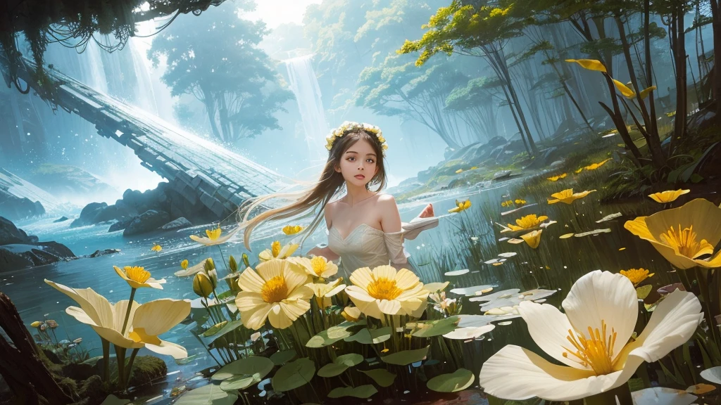 32k, Masterpiece, highest quality, One girl, Detailed eyes, flower,Sandersonia, Yellow and white style,A dreamy, romantic piece,Pale orange, Mysterious Leaves,A playful arrangement,Fantasy,High Contrast,Ink strokes,explosion,Exposure, Impression of yellow and white tones,Abstract,((Watercolours by John Berkey and Jeremy Mann )) Brush strokes,Negative Space, Tyndall effect,