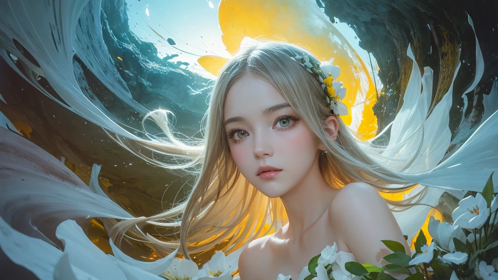 32k, Masterpiece, highest quality, One girl, Detailed eyes, flower,Sandersonia, Yellow and white style,A dreamy, romantic piece,Pale orange, Mysterious Leaves,A playful arrangement,Fantasy,High Contrast,Ink strokes,explosion,Exposure, Impression of yellow and white tones,Abstract,((Watercolours by John Berkey and Jeremy Mann )) Brush strokes,Negative Space, Tyndall effect,