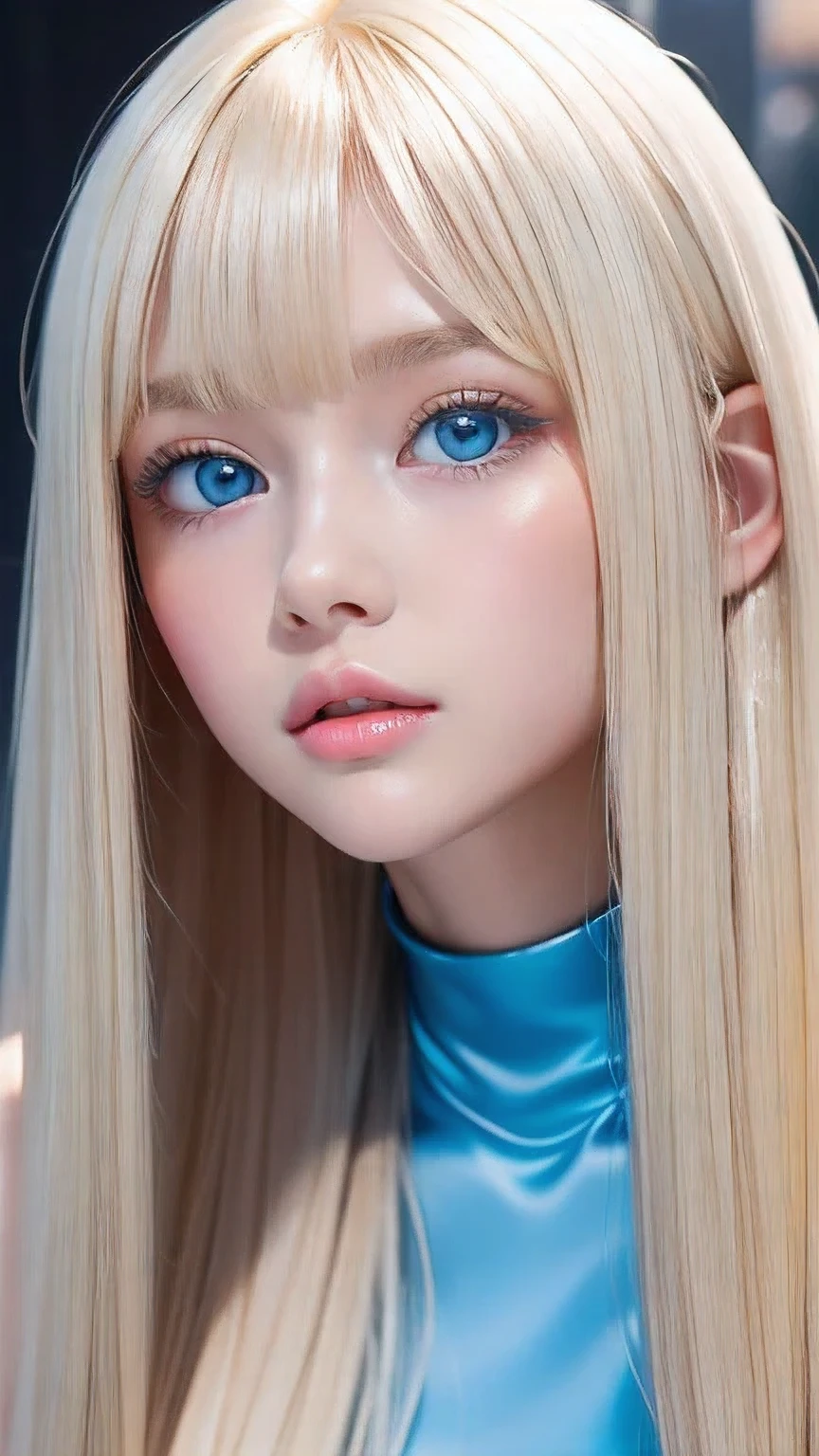 White shiny skin、Blonde hair color that changes with light、Long bangs obstruct the view、Glossy highlight on cheeks、The most beautiful face in the world、Super long gorgeous blonde hair、Smooth straight hair、Ample Bust、Large, sparkling, light blue eyes、Beautiful bangs、Beautiful cute girl 、Round face、Small Face Beauty、Cheek highlighter