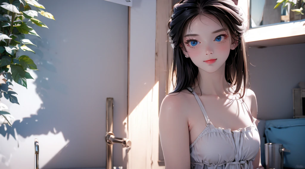 1 girl, medium light black hair, light blue eyes, wearing  Sexytfit , city , Sexy , h res, ultrasharp, 8K, masterpiece, Looking from the front 18+