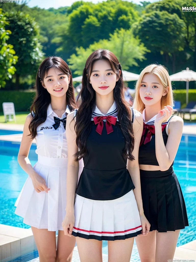 (A super cute Korean gal high school girl takes a photo with two close friends from her class..2)(To laugh out loud:1.2)(Beautiful Sweat:1.1)(16k, RAW Photos, highest quality, masterpiece: 1.2),(Mr.々Beautiful blonde with a stylish hairstyle:1.2) Super detailed, Super Resolution, (Genuine, Genuine photos: 1.37), Portraiture, High-resolution RAW color photos, Professional photos, Very detailed, 8k wallpaper, Very detailed CG Unity 8k wallpaper, Very detailed beautiful girls, Very detailed faces, ((whole body)), beautiful woman, Huge breasts,(huge boobs:1.1) (Big Boobs:1.1), Beauty college student (A tight, girly sleeveless  with ribbons),high school girl, Korean Girls,(K-POP Female Idols), (Idol-class beauty)(Beautiful high school girl:1.1)(School swimming pool)(18-year-old)(Stylish school uniform-style outfit for summer:1.1)(Group photo:1.2)(Splash:1.1)