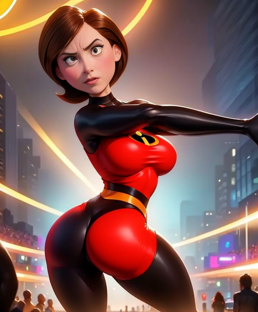 Helen Parr demonstrating her vibrant power with her elegant and ultra-realistic appearance. Her skintight supersuit perfectly highlights her hourglass figure, accentuating her beautiful body. The attention to detail is impeccable, capturing every curve and contour. The high quality of this artwork immerses viewers in an ultra-detailed experience, enabling them to appreciate the realistic portrayal of Helen Parr. This artwork exudes a sense of vibrancy, with vivid colors that bring the scene to life. The lighting is carefully crafted, enhancing the depth and dimension of the composition. The artist masterfully captures Helen Parr's mesmerizing movement as she twerks, showcasing her incredible flexibility and athleticism. NSFW content is sensually portrayed, emphasizing Helen Parr's stunning attributes. The overall aesthetic seamlessly blends portraiture and contemporary art, resulting in a visually captivating masterpiece.