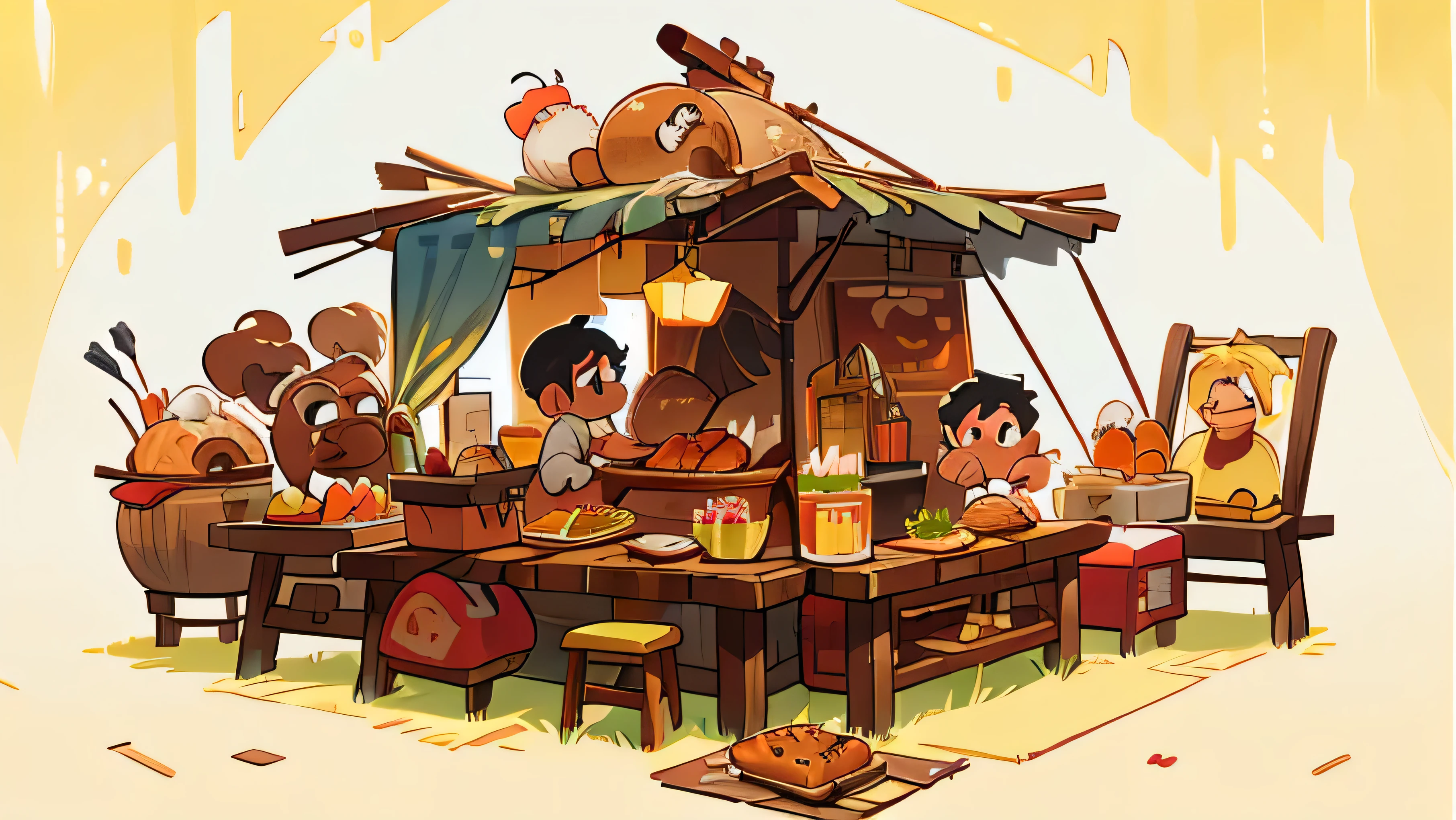 yellow background，Cartoon people grilling meat on the grill, food, , hot food,lunch delivery logo, barbecue, rustic table，Rotisserie，Just a table, no jail term, Just scenery, Just a rustic wooden table and iron pot，Ultra high quality，1920x1080 size