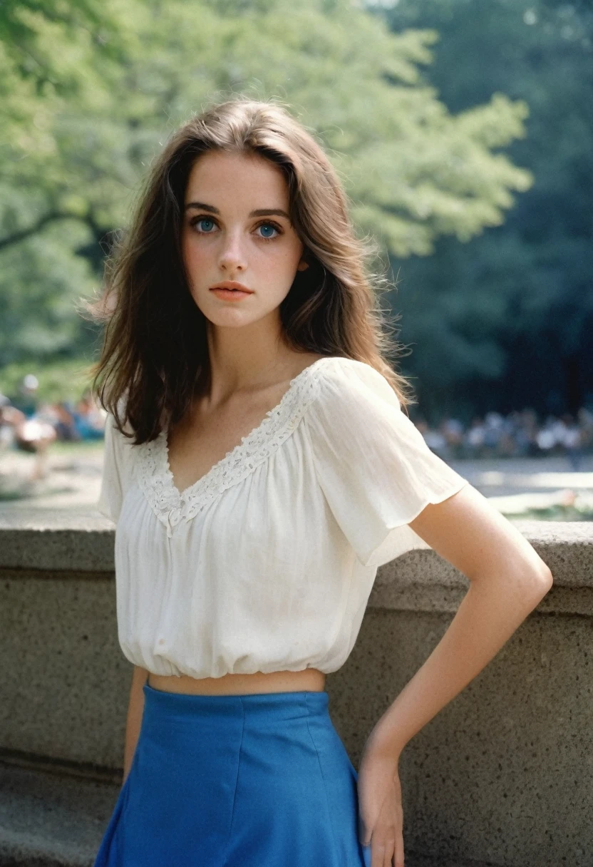 analog analog, grain, (Hyperdetailed Photography:1.2), (flash photography:1.3), Realistic, Imperfect, an incredibly cute (young:1.3) English girl called Brittany2, angelic face, (big eyes:1.1), (freckles in face:0.8), long dark-black feathered hair, blue detailed eyes, skinny, (large natural breasts:1.15), (linnen short skirt), (simple white blouse), Central Park in NYC, 1970s