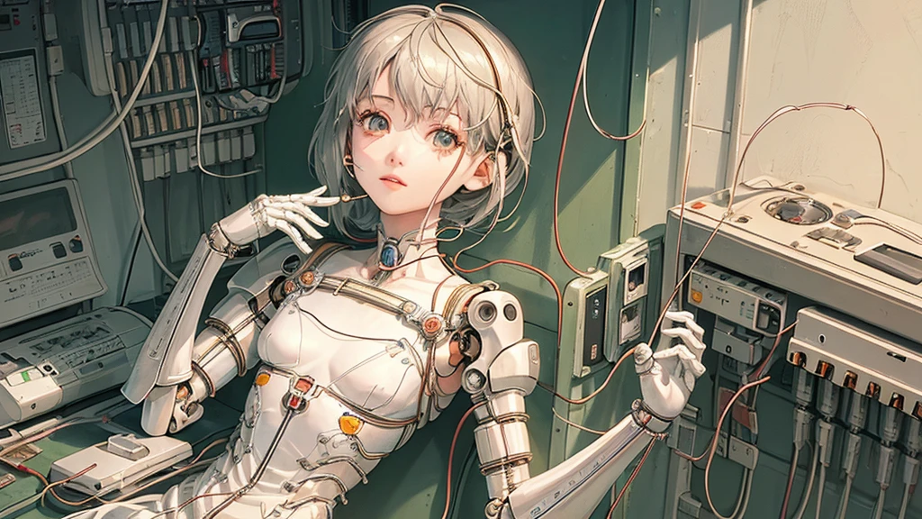 (((masterpiece))), (((highest quality))), ((Very detailed)), (Highly detailed CG illustrations), ((Very delicate and beautiful)),(Cute and delicate face),Light,((1. Machine Girl)),alone,whole body,(Machine made joints:1.4),((Mechanical Limbs)),(Muscles bulge),(Blood vessels are connected to tubes),(Brain in a container:1.3),((Mechanical vertebrae attached to the back)),((Mechanical cervical vertebrae attached to the neck)),((Sitting)),poker face,(Wires and cables attached to head and body:1.5),Small breasts,short hair,(Character Focus),SF,Lying down