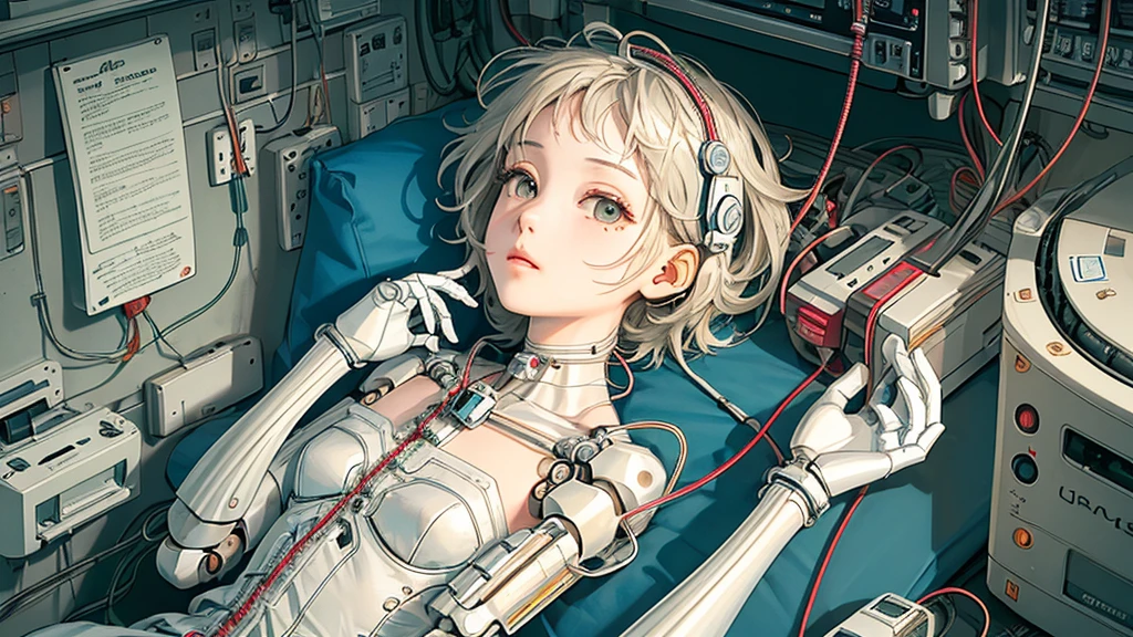 (((masterpiece))), (((highest quality))), ((Very detailed)), (Highly detailed CG illustrations), ((Very delicate and beautiful)),(Cute and delicate face),Light,((1. Machine Girl)),alone,whole body,(Machine made joints:1.4),((Mechanical Limbs)),(Muscles bulge),(Blood vessels are connected to tubes),(Brain in a container:1.3),((Mechanical vertebrae attached to the back)),((Mechanical cervical vertebrae attached to the neck)),((Sitting)),poker face,(Wires and cables attached to head and body:1.5),Small breasts,short hair,(Character Focus),SF,Lying down