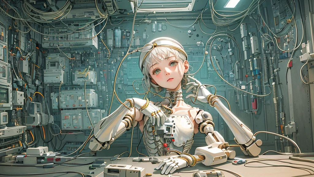 (((masterpiece))), (((highest quality))), ((Very detailed)), (Highly detailed CG illustrations), ((Very delicate and beautiful)),(Cute and delicate face),Light,((1. Machine Girl)),alone,whole body,(Machine made joints:1.4),((Mechanical Limbs)),(Muscles bulge),(Blood vessels are connected to tubes),(Brain in a container:1.3),((Mechanical vertebrae attached to the back)),((Mechanical cervical vertebrae attached to the neck)),((Sitting)),poker face,(Wires and cables attached to head and body:1.5),Small breasts,short hair,(Character Focus),SF,Lying down