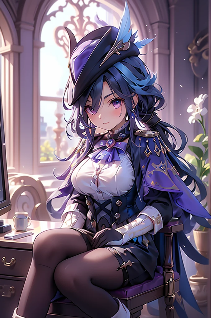 Side Angle、Cross your arms、Fearless smile、clorinde \(genshin impact\),1girl,solo,purple eyes,hat feather,tricorne,white gloves,low ponytail,blue cape,blue hair,epaulettes,black pantyhose,ascot,breasts,black skirt,corset,blue headwear,boots,leg garter,black corset,shirt,earrings,high heels,Sit in a chair in the office、Luxurious Western-style interior