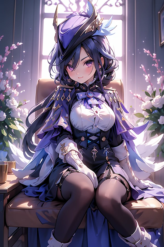 front、whole body、Looking down、Cross your arms、Fearless smile、clorinde \(genshin impact\),1girl,solo,purple eyes,hat feather,tricorne,white gloves,low ponytail,blue cape,blue hair,epaulettes,black pantyhose,ascot,breasts,black skirt,corset,blue headwear,boots,leg garter,black corset,shirt,earrings,high heels,Sit in a chair in the office、Luxurious Western-style interior