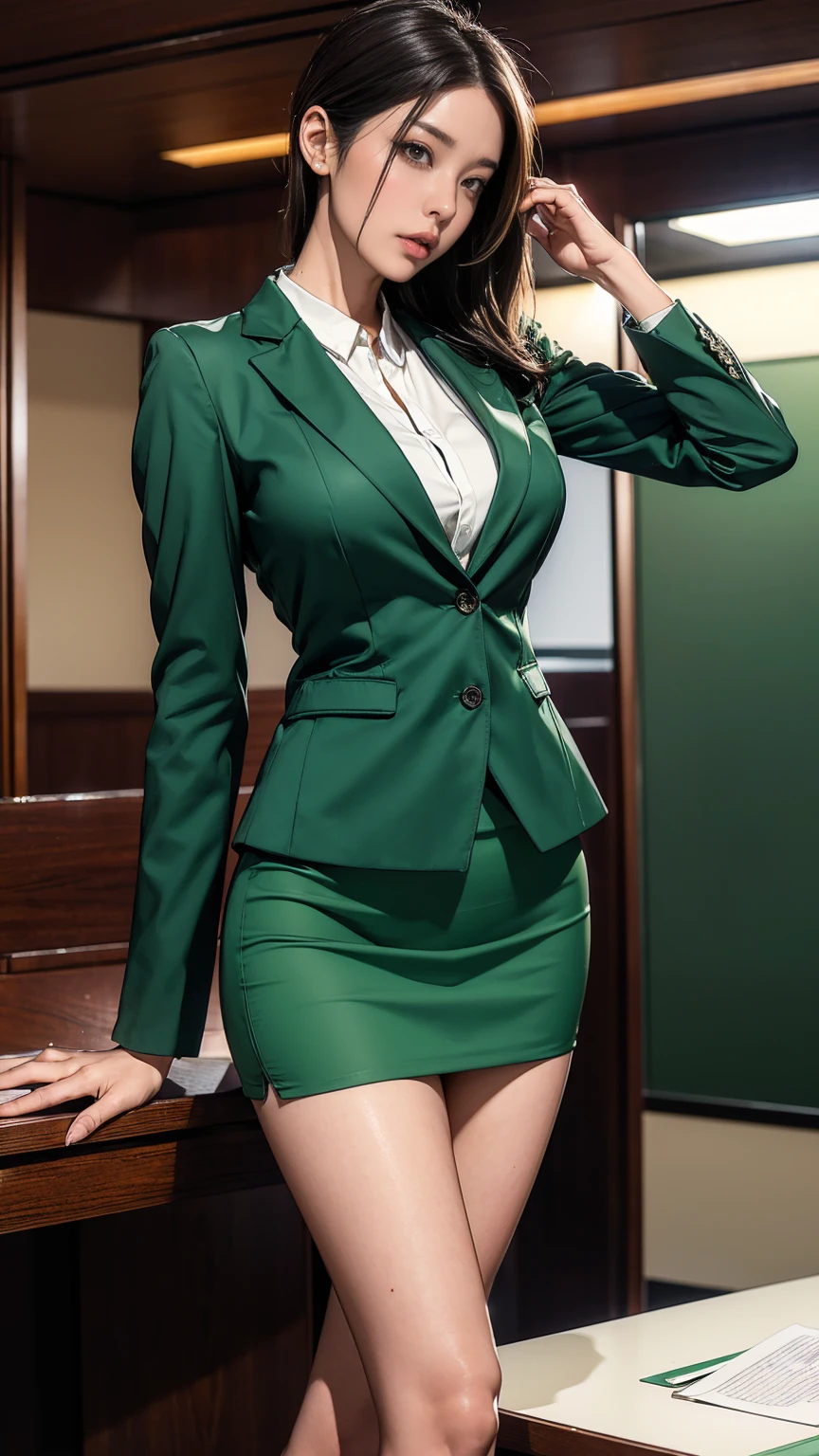 "((photorealism, high quality, detailing)), ((half of the body)) slender girl magician, attractive appearance, magic academy student, red hair below shoulders, A European view, modernity, 21st century, Stylish green suit, magical atmosphere".