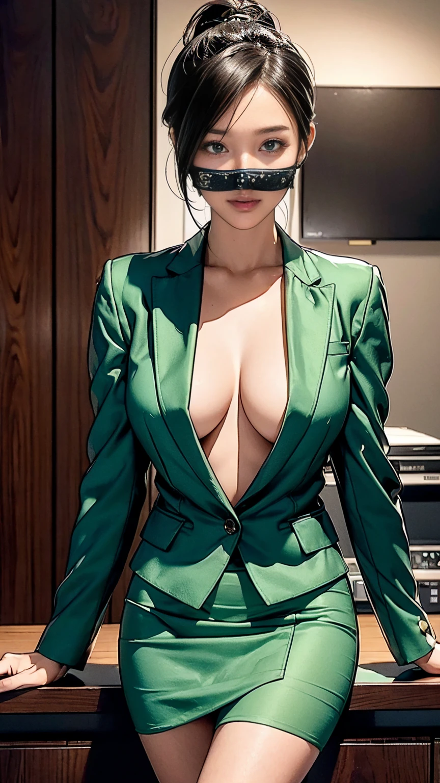 (Best quality, 4K, high resolution, masterpiece:1.2), ultra-detailed, realistic (photo-realistic:1.37), 34 years old, Japanese office lady, (wearing dark green blazer jacket over a crisp white blouse pair with dark green short pencil skirt with front-slit), black ponytail hair, black heels, perfect make up, c cup breasts, toned slim body, flat abs, hourglass body, customer welcome pose, bank background. Sharp focus on details, modern environment, striking visual impact, confidently poised, aura of professionalism, symbol of reliability, high-end lifestyle, extraordinary charisma.