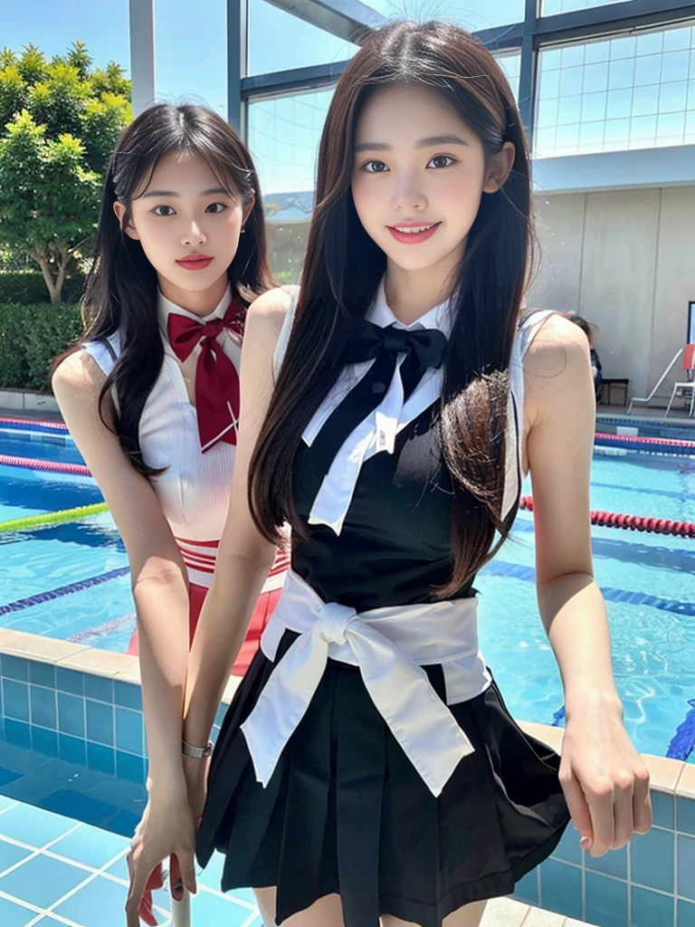 (Super cute Korean gal high school girl takes a photo with two close friends from her class 1.2)(To laugh out loud:1.2)(Beautiful Sweat:1.1)(16k, RAW Photos, highest quality, masterpiece: 1.2),(Mr.々Beautiful blonde with a stylish hairstyle:1.2) Super detailed, Super Resolution, (Genuine, Genuine photos: 1.37), Portraiture, High-resolution RAW color photos, Professional photos, Very detailed, 8k wallpaper, Very detailed CG Unity 8k wallpaper, Very detailed beautiful girls, Very detailed faces, ((whole body)), beautiful woman, Huge breasts,(huge boobs:1.1) (Big Boobs:1.1), Beauty college student (A tight, girly sleeveless  with ribbons),high school girl, Korean Girls,(K-POP Female Idols), (Idol-class beauty)(Beautiful high school girl:1.1)(School swimming pool)(18-year-old)(Stylish school uniform-style outfit for summer:1.1)(Group photo:1.2)(Splash:1.1)