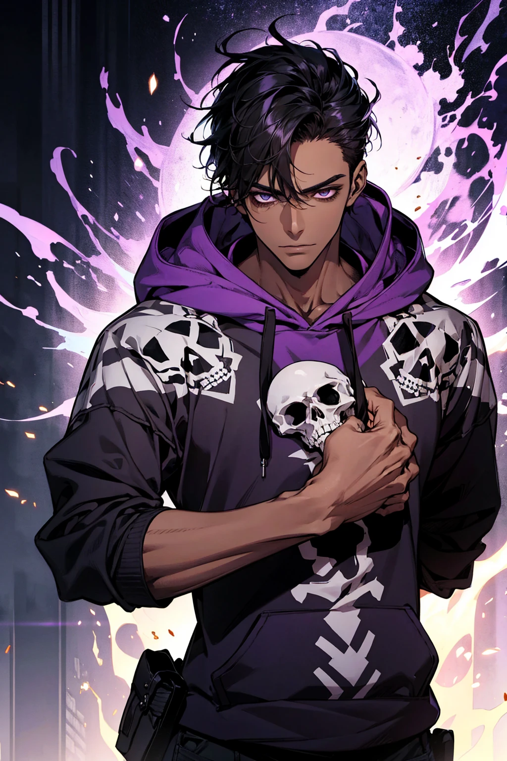 male with bones, looking away from camera, skulls, bones, handsome, black, dark skin, tall, broad shoulders, black hair, purple, purple fire, magic, detailed face, fantasy, hoodie