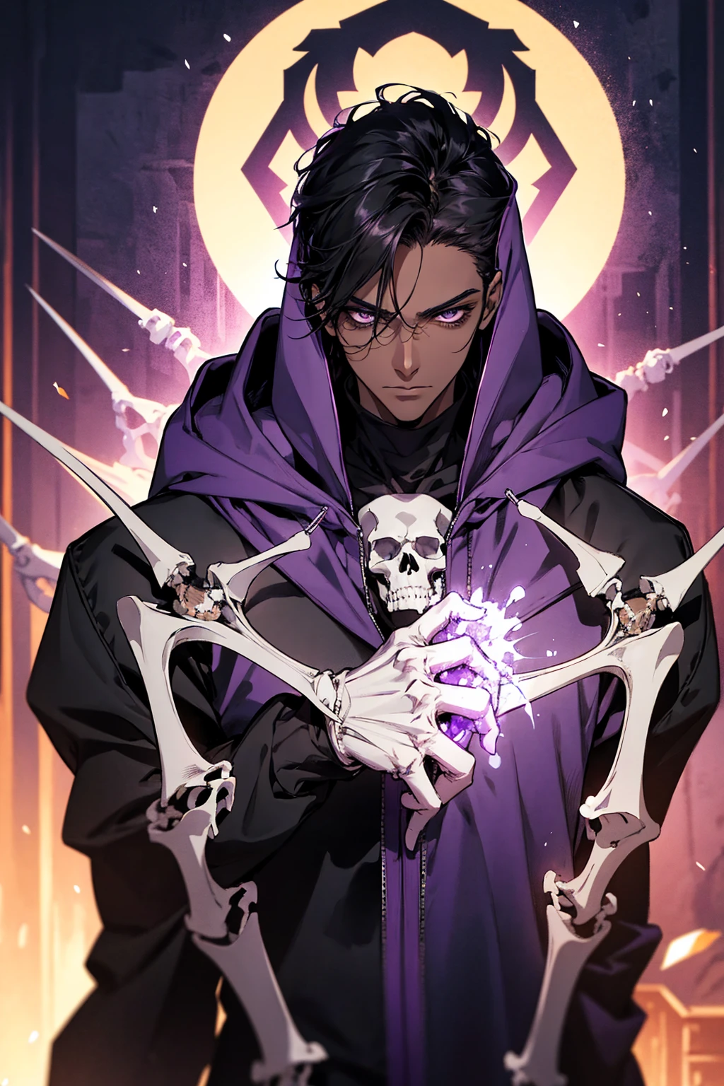male with bones, looking away from camera, skulls, bones, handsome, black, dark skin, tall, broad shoulders, black hair, purple, purple fire, magic, detailed face, fantasy, hoodie